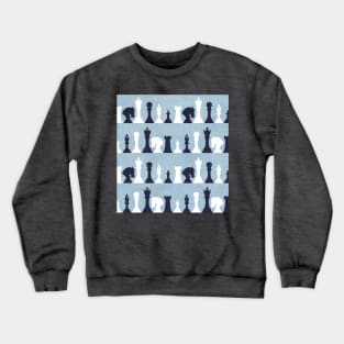 Chess Pieces on Textured Denim Blue Crewneck Sweatshirt